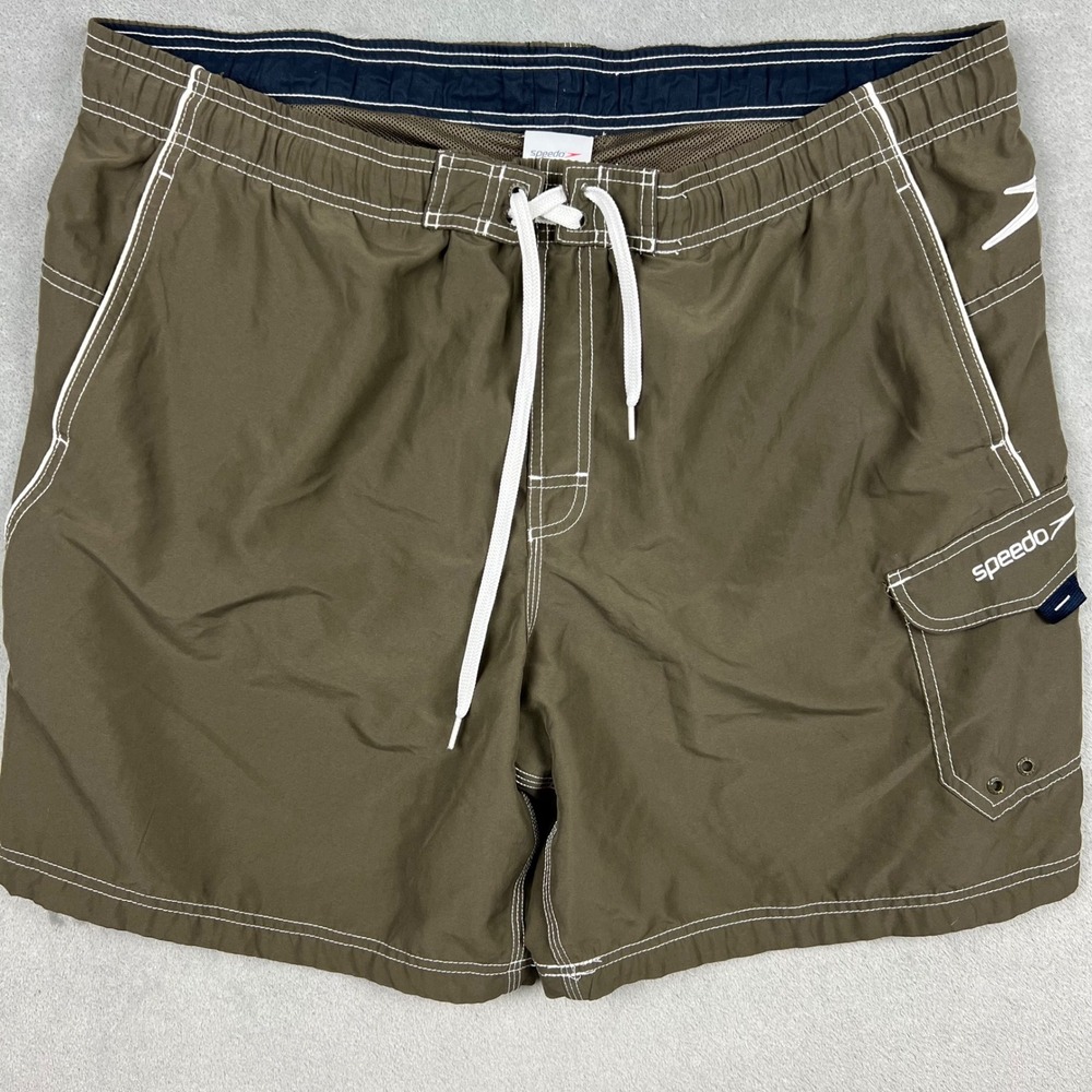 Speedo Mens XL Olive Green Cargo Swim Trunks Mesh Lined Drawstring Board Shorts